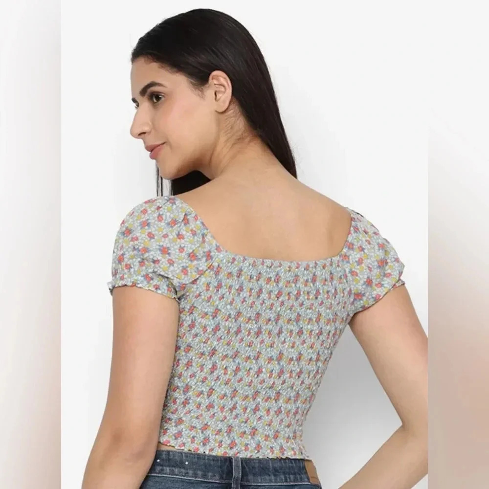American Eagle Smocked Floral Crop Top- Size L - Picture 3 of 11